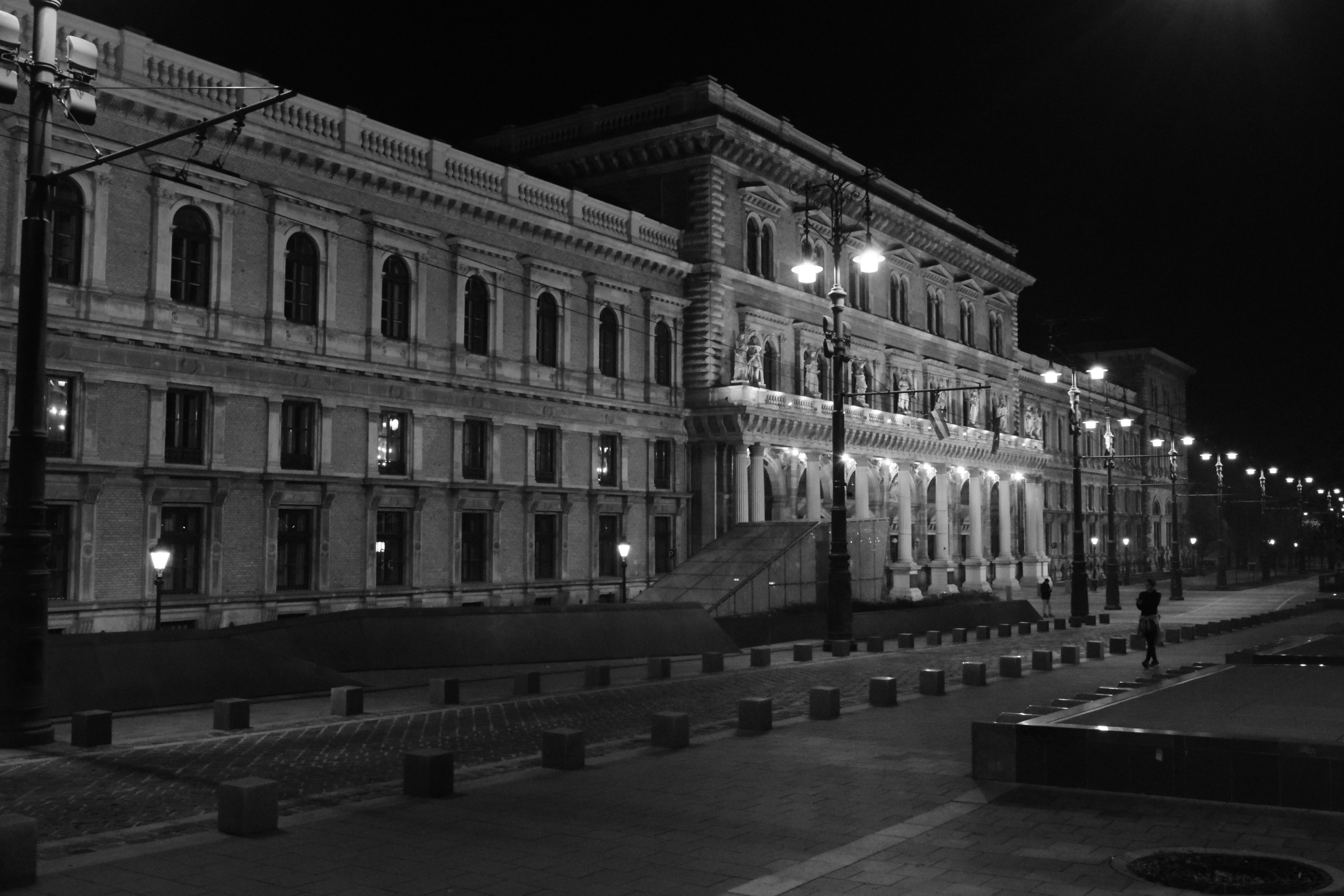 a black and white photo of a building at night