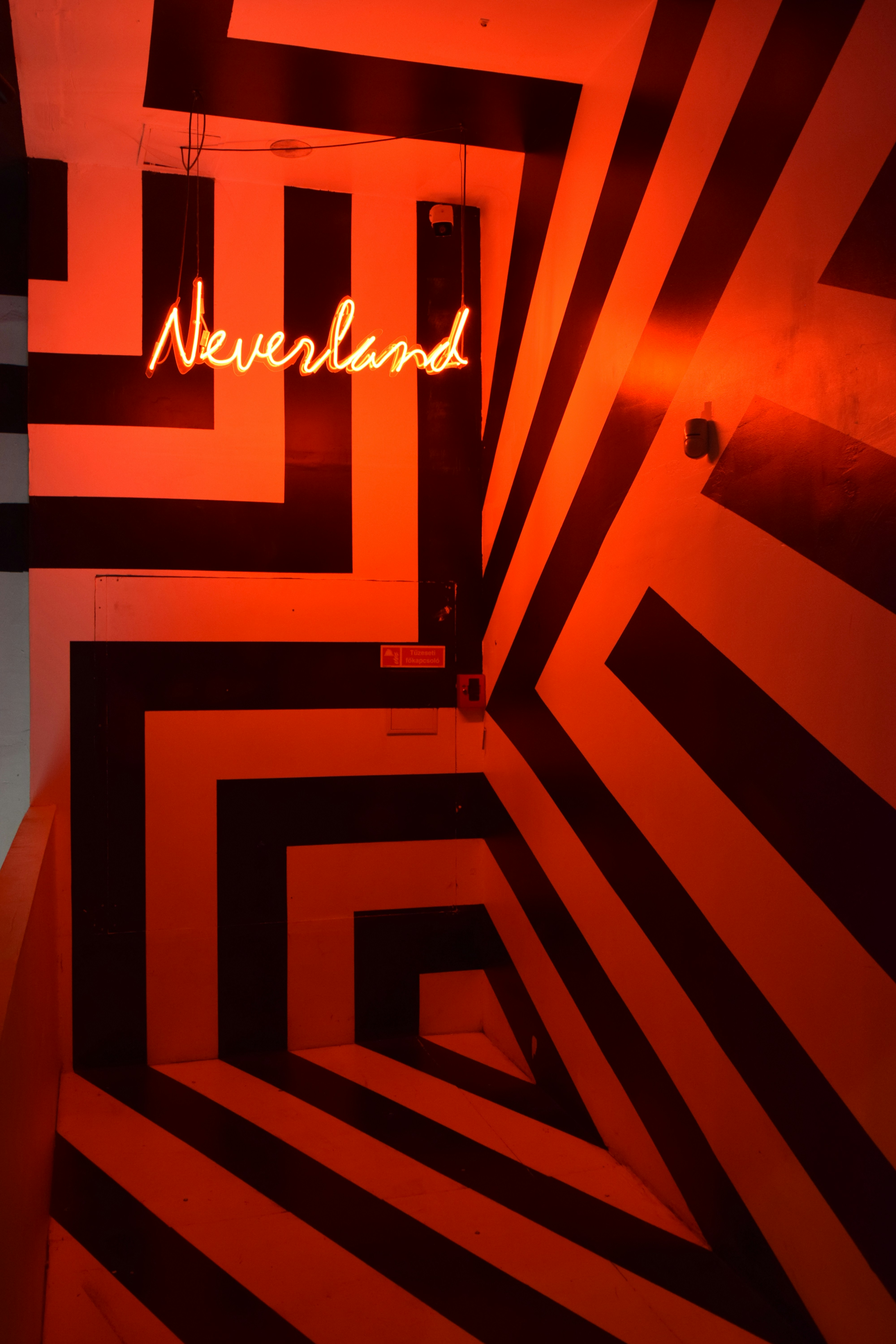 a room with a neon sign that reads neverland