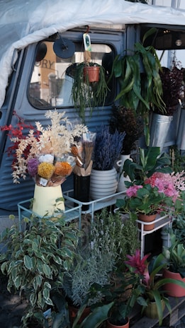 A variety of potted plants and flowers are displayed on a vintage vehicle. Hanging plants and colorful floral arrangements in different pots and containers, surrounded by greenery. The background shows a partially visible window and a metal surface, suggesting the setting is outdoors or part of a market stall.