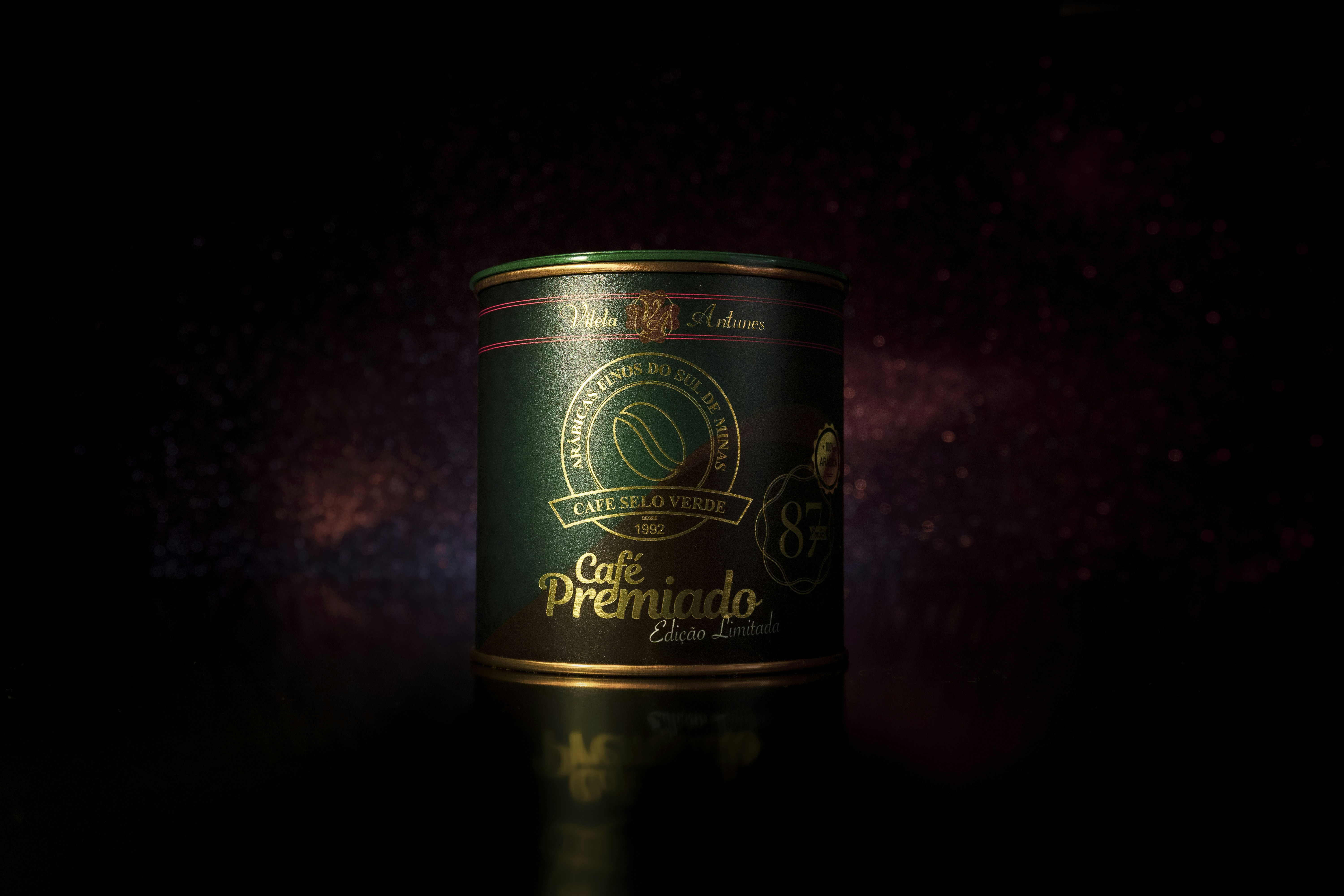 a can of coffee sitting on a table
