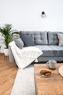 A cozy living room setting features a stylish gray couch adorned with tufted cushions and a draped white throw. A potted plant adds a touch of greenery beside the couch. On the wooden coffee table in the foreground, there's a mug and a plate with cookies. The room exudes warmth with its wooden flooring and soft rug.