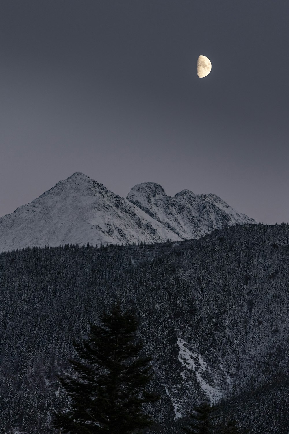 a full moon rising over a mountain range