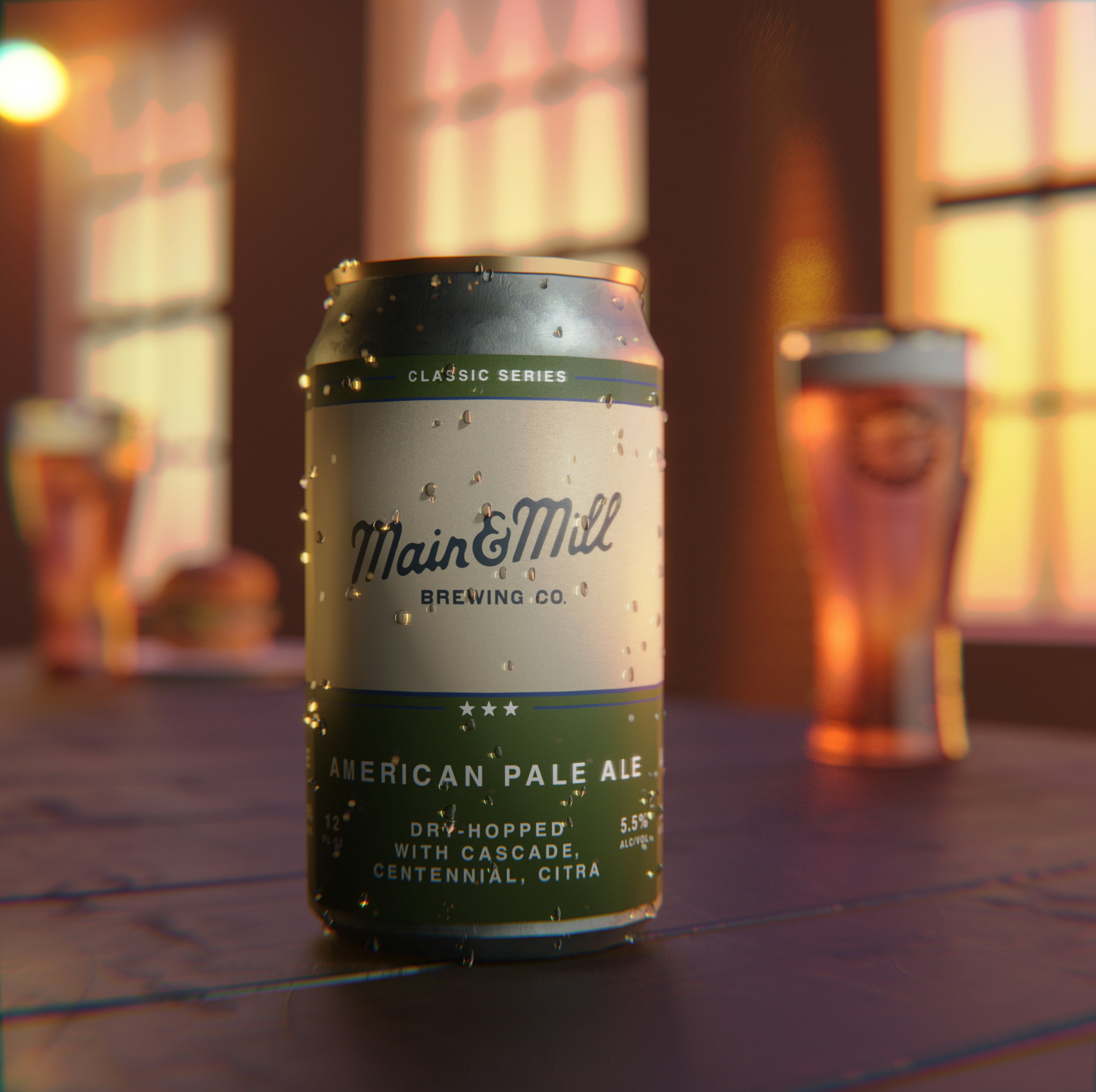 a can of beer sitting on top of a wooden table