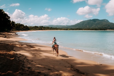 A person riding a horse along a tranquil, sandy beach with gentle ocean waves lapping at the shore. The landscape is framed by distant green mountains and scattered, fluffy clouds in a bright blue sky. Shadows from nearby trees extend across the sand, adding depth to the serene coastal scene.