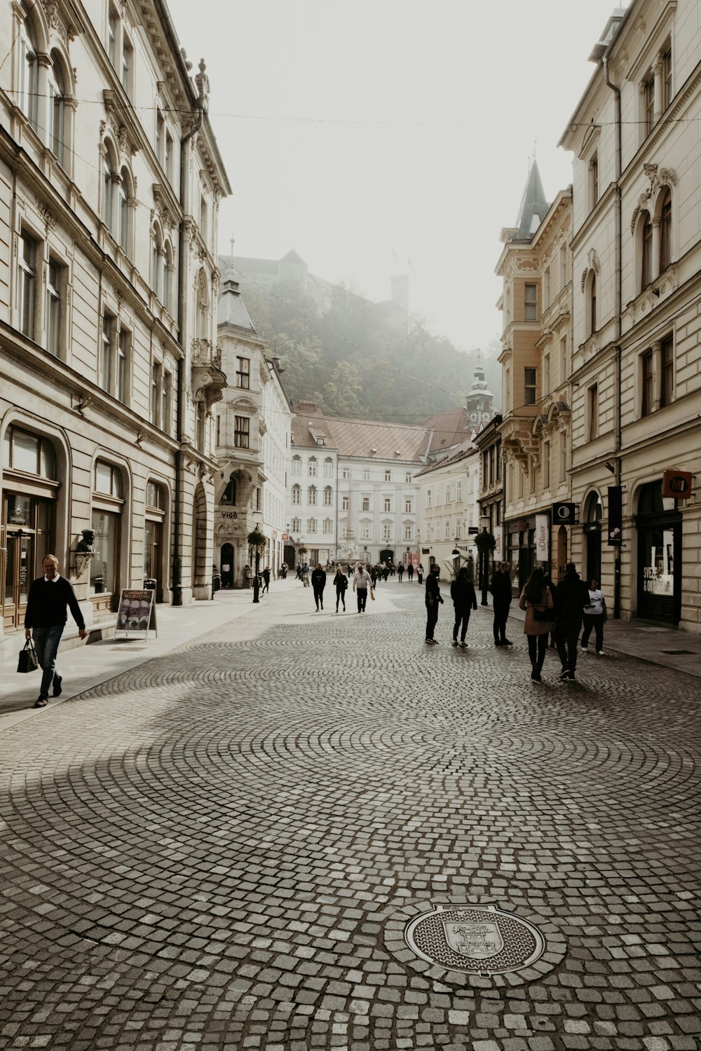 a group of people walking down a cobblestone street