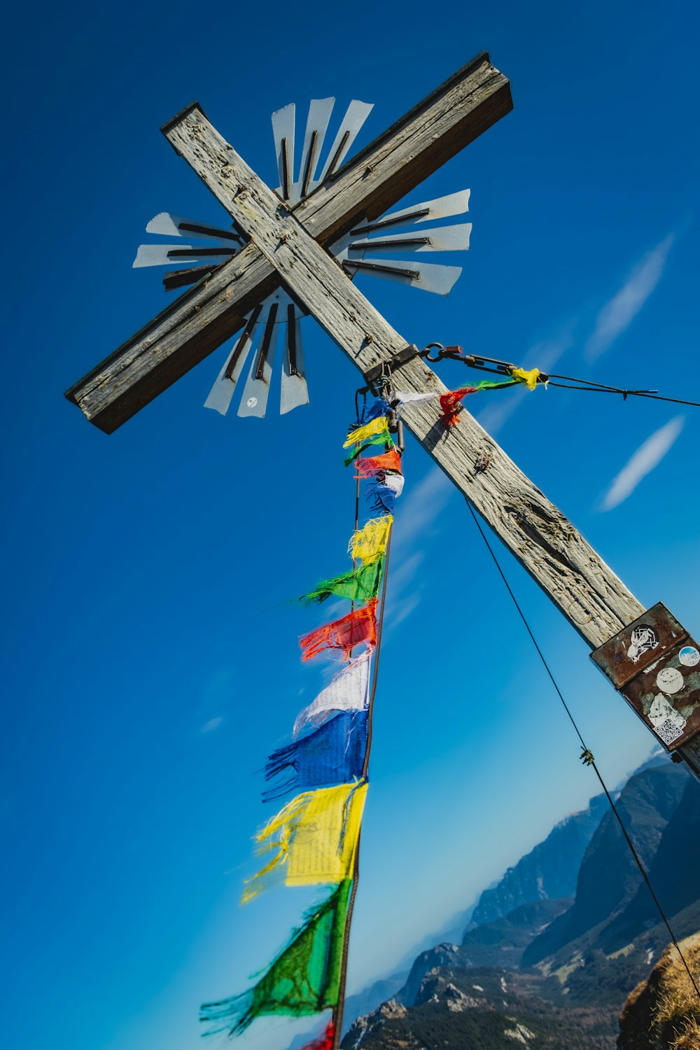 a wooden cross on a pole with a sky background