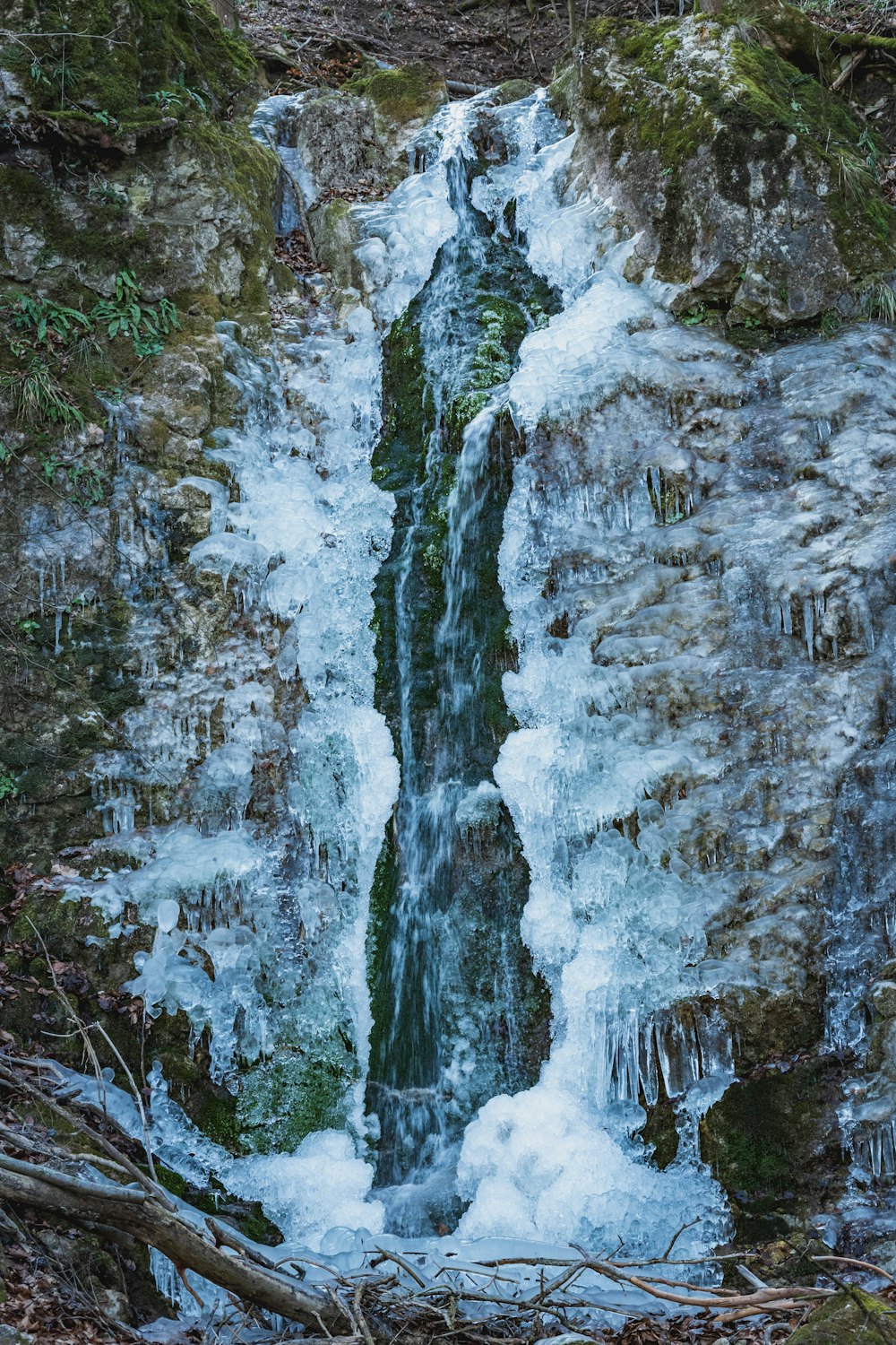 a small waterfall is frozen in the woods