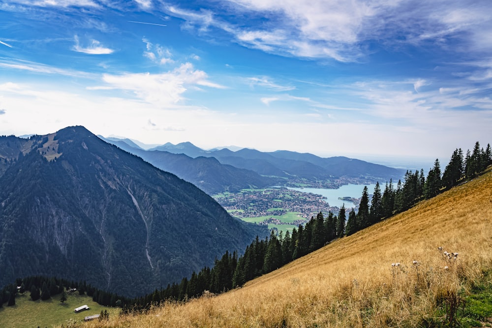 a scenic view of a valley and mountains