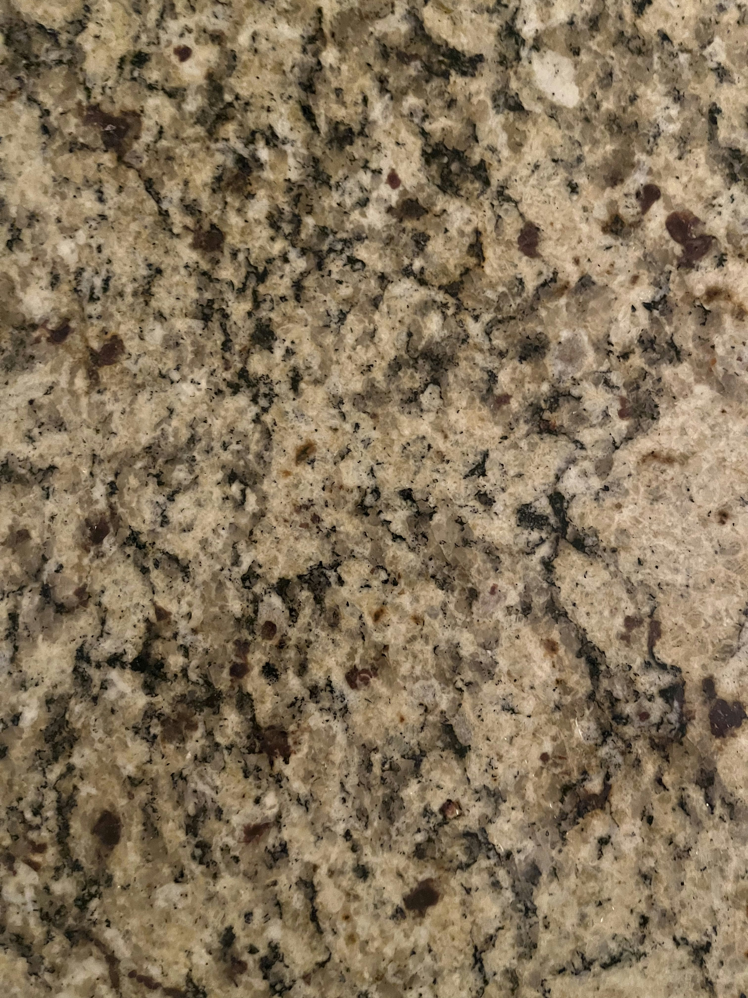 The surface displays a speckled pattern with various shades of brown, black, and cream, typical of a granite countertop.