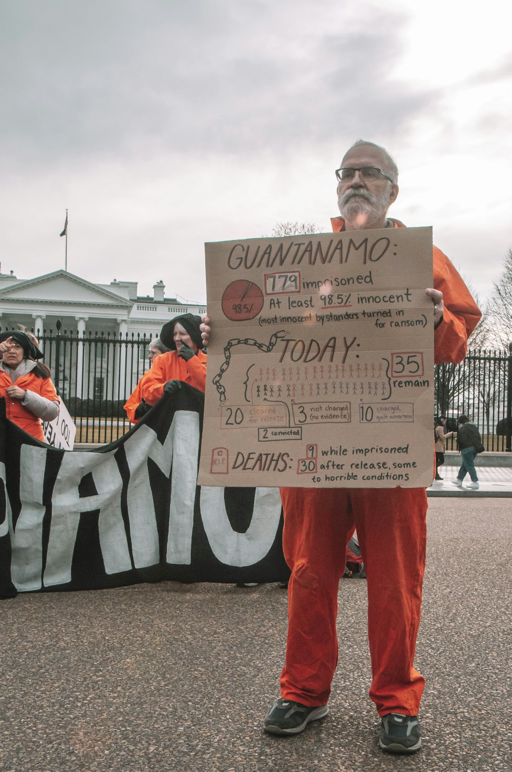 a man in orange pants holding a sign