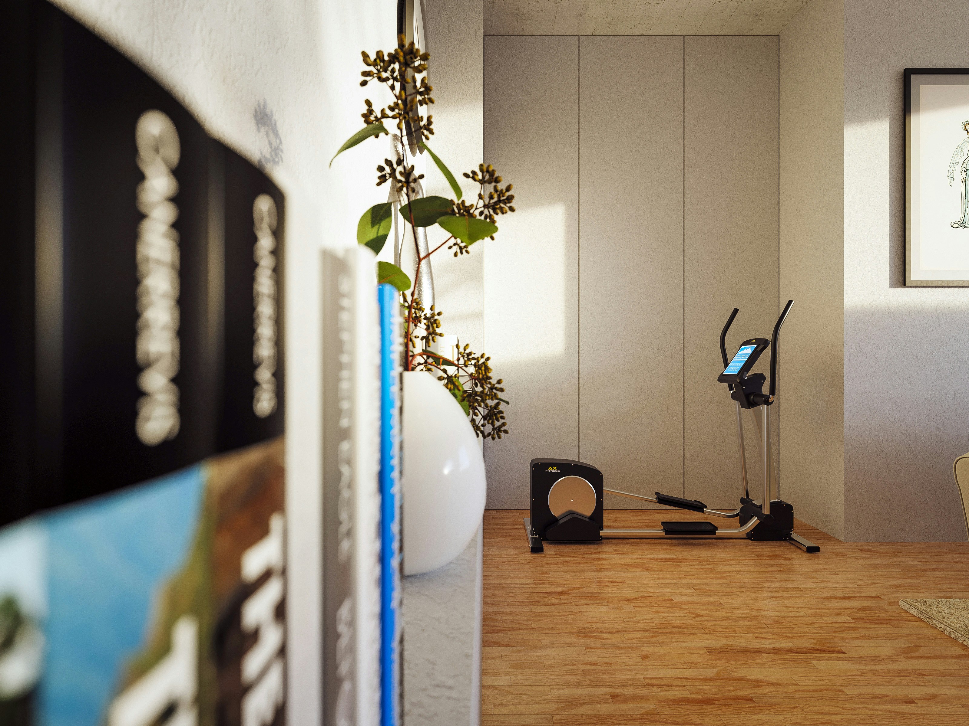 A compact folding treadmill in a living room