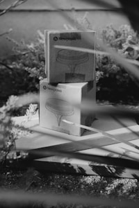 Cardboard boxes labeled with 'Newpowa' are stacked on top of each other, surrounded by foliage in an outdoor setting. The boxes appear to contain solar lights, as depicted by the drawn image on the packaging.