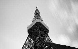 A sleek black and white photo of a cell tower at dusk, highlighting its intricate structure against a cloudy sky.