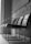 A row of modern, metal-framed chairs with dark seats and backs, lined up against a textured wooden wall. The chairs have a sleek, minimalist design and the light coming through the window casts soft shadows on the floor, enhancing the monochrome style of the scene.