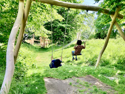 Children playing on swings and climbing frames in a sunny, natural playground area