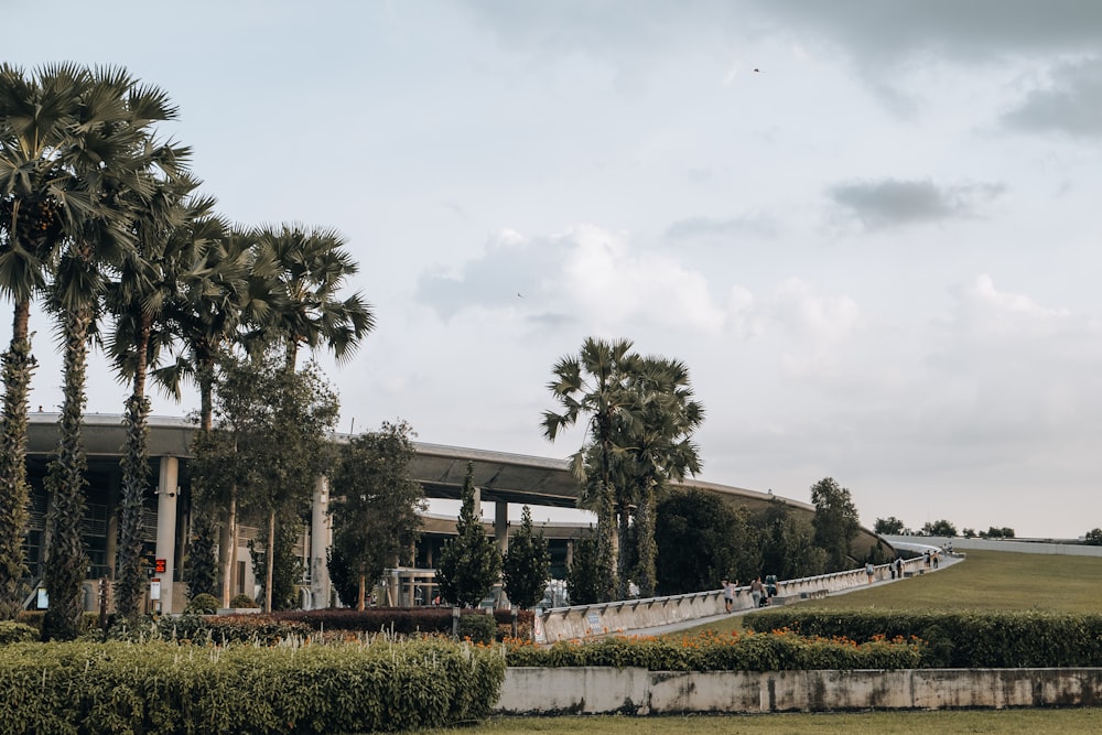 a large building with palm trees in front of it