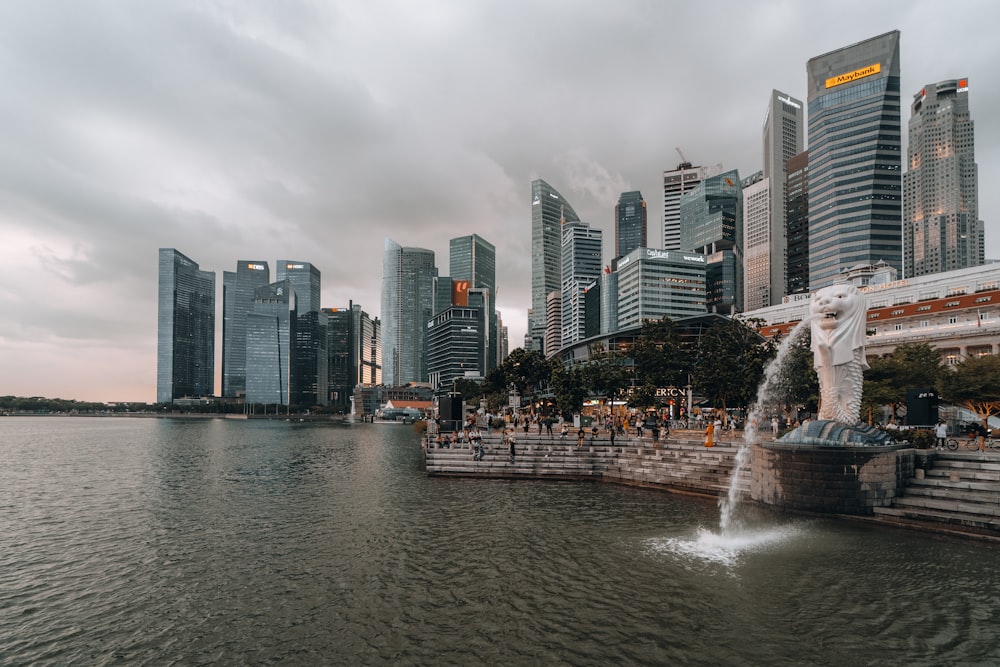 a large body of water surrounded by tall buildings