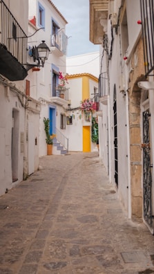 Charming narrow cobblestone street in a picturesque Albacete village with colorful houses.