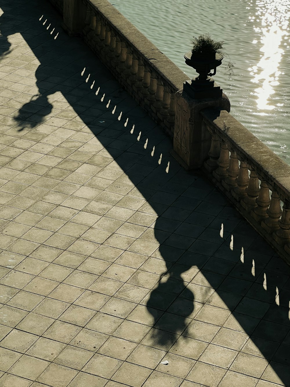 a shadow of a person standing on a sidewalk next to a body of water