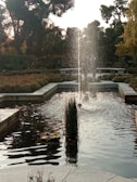 Calm water fountains surrounded by lush greenery.