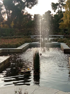 A serene garden with a flowing water feature surrounded by lush greenery.