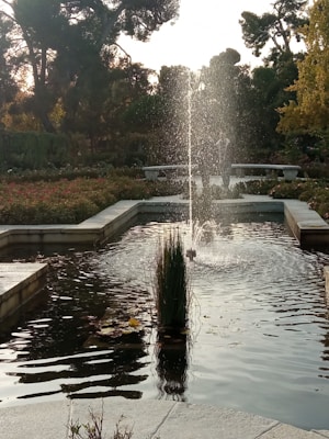 A tranquil garden scene with a central water feature, surrounded by lush greenery and colorful flowers. Water is gently cascading from a fountain, creating a serene atmosphere. Trees in the background provide a natural canopy, adding to the peaceful setting.