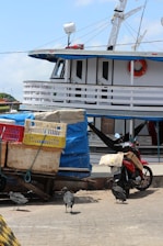 A docked boat with a white and blue exterior is seen, alongside various items such as large covered crates with colorful tarps and a red motorbike parked nearby. Several black birds are walking on the pavement in the foreground.