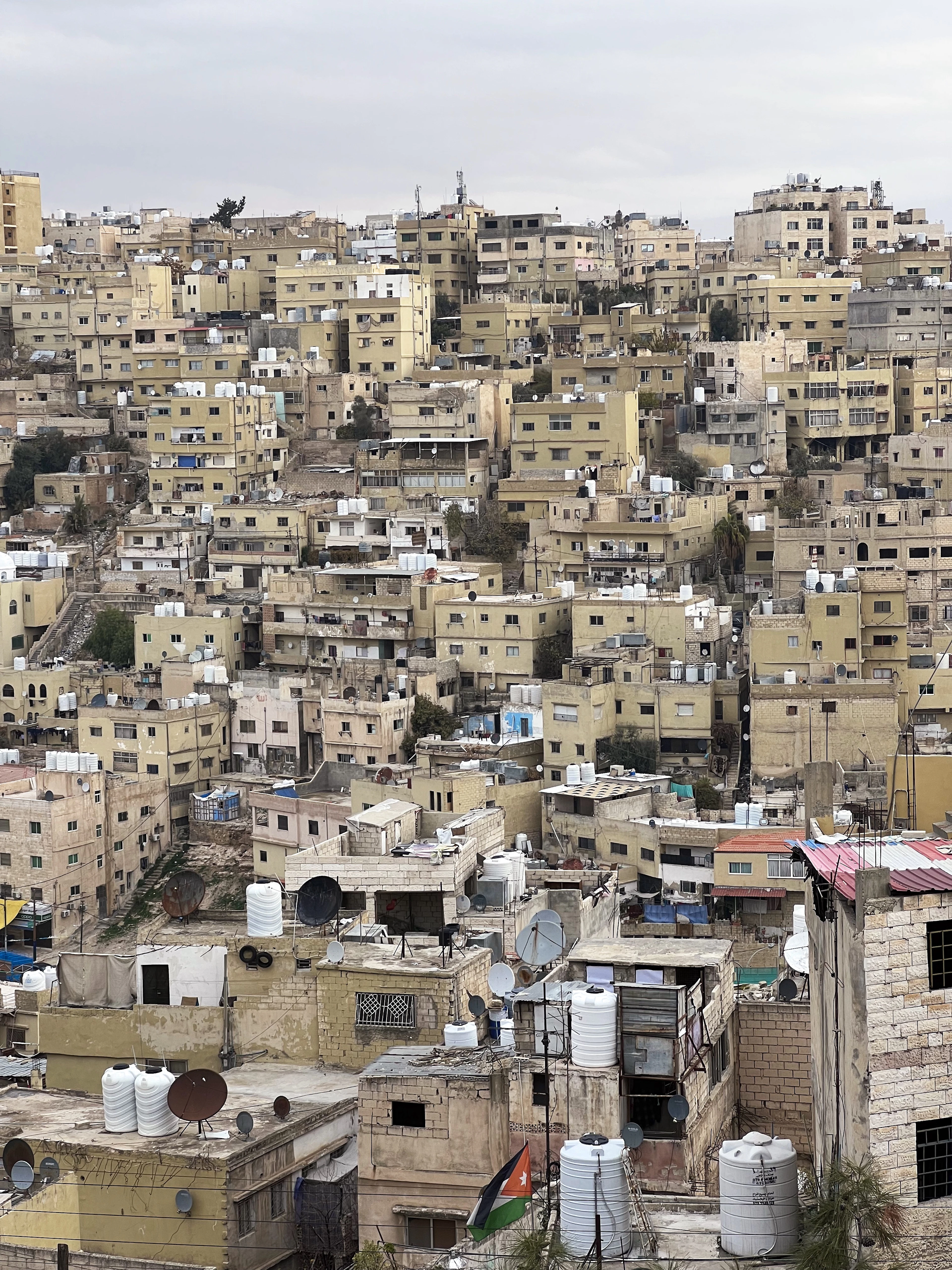 Amman's hillside houses in cream and tan stone stacked densely across the city's rolling terrain.