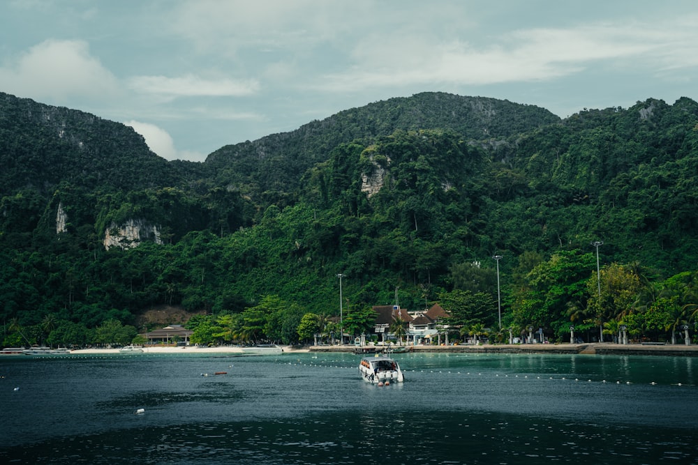 a boat in a body of water with a mountain in the background