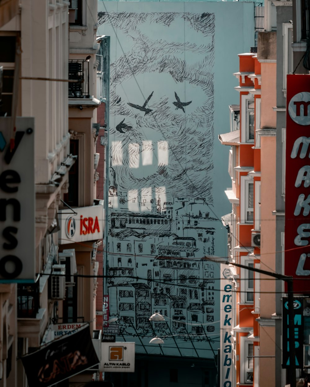 a large mural of birds flying over a city