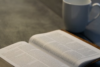 A peaceful morning scene with an open Bible, a cup of tea, and soft sunlight streaming through a window.