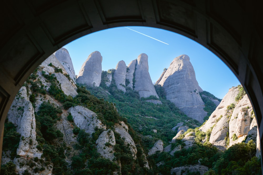 a view of a mountain range through a window