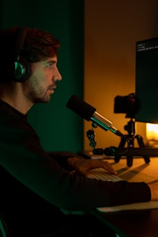 A person wearing headphones sits at a desk typing on a keyboard, in front of a large microphone. There is a camera setup in the background next to a monitor displaying text, and the scene is dimly lit with a warm and greenish ambiance.