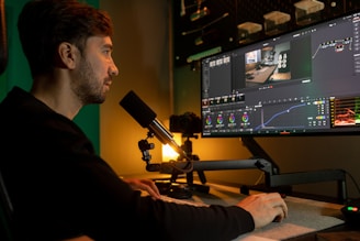 a man sitting in front of a computer monitor