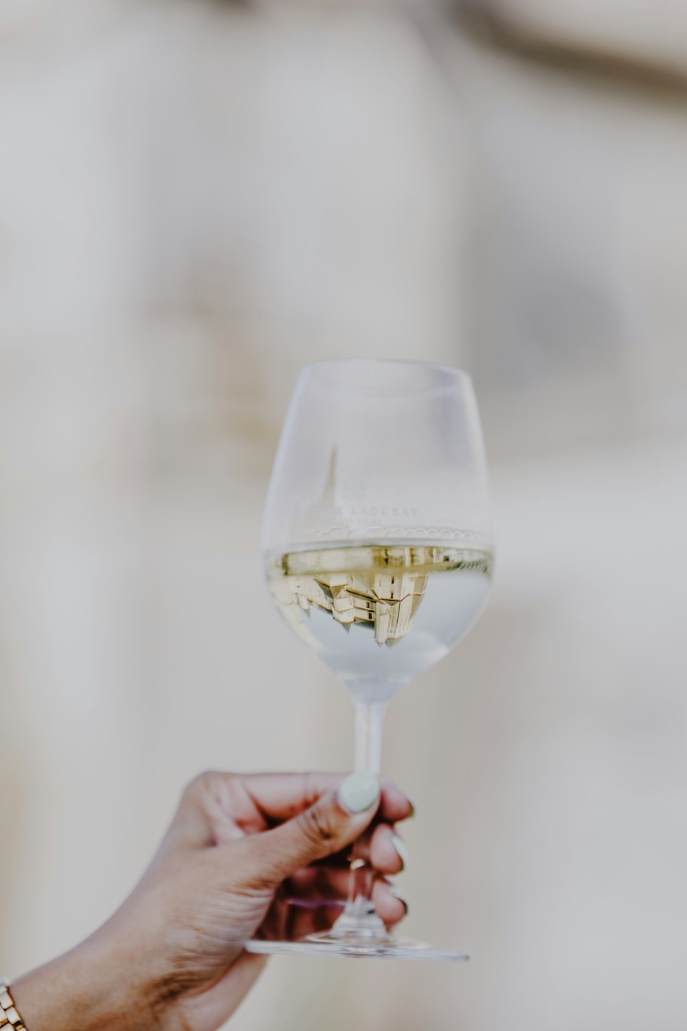 a person holding a wine glass with white wine in it