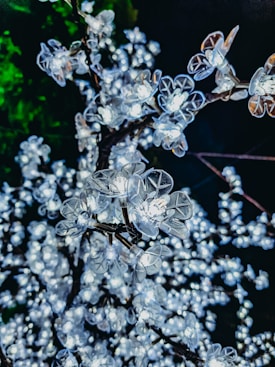 A close-up view of artificial flowers with built-in lights, resembling cherry blossoms on branches. The flowers are illuminated, creating a bright and sparkling effect against a dark background with a hint of green foliage.