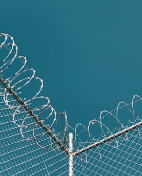 A section of a chain-link fence topped with coiled barbed wire set against a clear blue sky. The wires are shiny and sharp, indicating security or restriction.