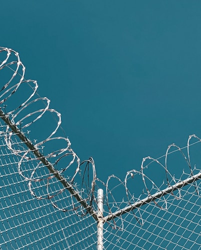 A section of a chain-link fence topped with coiled barbed wire set against a clear blue sky. The wires are shiny and sharp, indicating security or restriction.