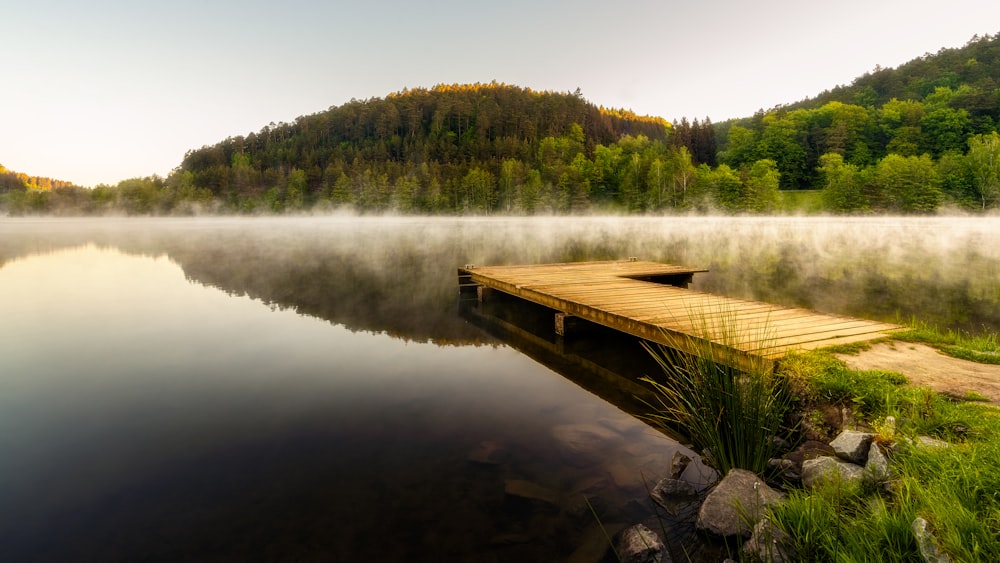 a dock on a lake surrounded by a forest