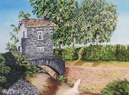 a painting of a stone bridge over a river