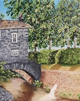 a painting of a stone bridge over a river