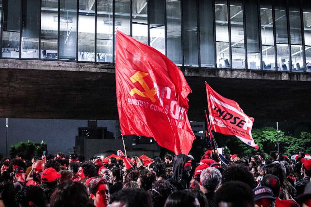 a large group of people holding red flags