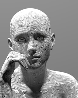 A stylized human figure with a smooth, abstract, wavy pattern covering the entire surface. The face holds a contemplative expression with one hand resting near the chin, and the eyes exhibit a calm, neutral gaze.