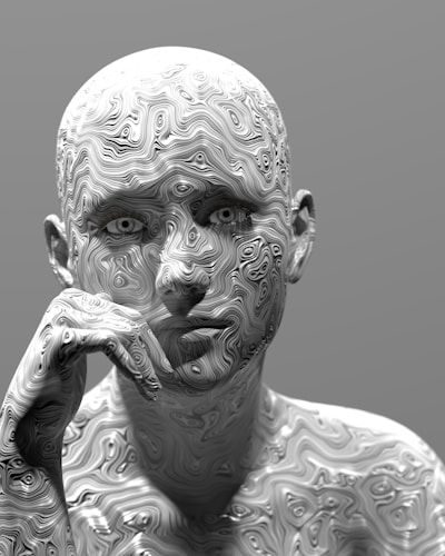 A stylized human figure with a smooth, abstract, wavy pattern covering the entire surface. The face holds a contemplative expression with one hand resting near the chin, and the eyes exhibit a calm, neutral gaze.