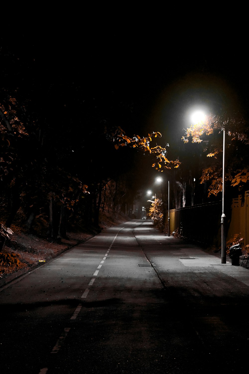 a street at night with a street light on