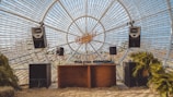 A unique DJ setup with large speakers and a wooden table under a dome of glass bottles. The backdrop creates a sunburst effect pointing outward, and there are some small palm plants placed nearby.