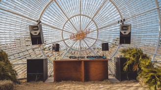 A unique DJ setup with large speakers and a wooden table under a dome of glass bottles. The backdrop creates a sunburst effect pointing outward, and there are some small palm plants placed nearby.