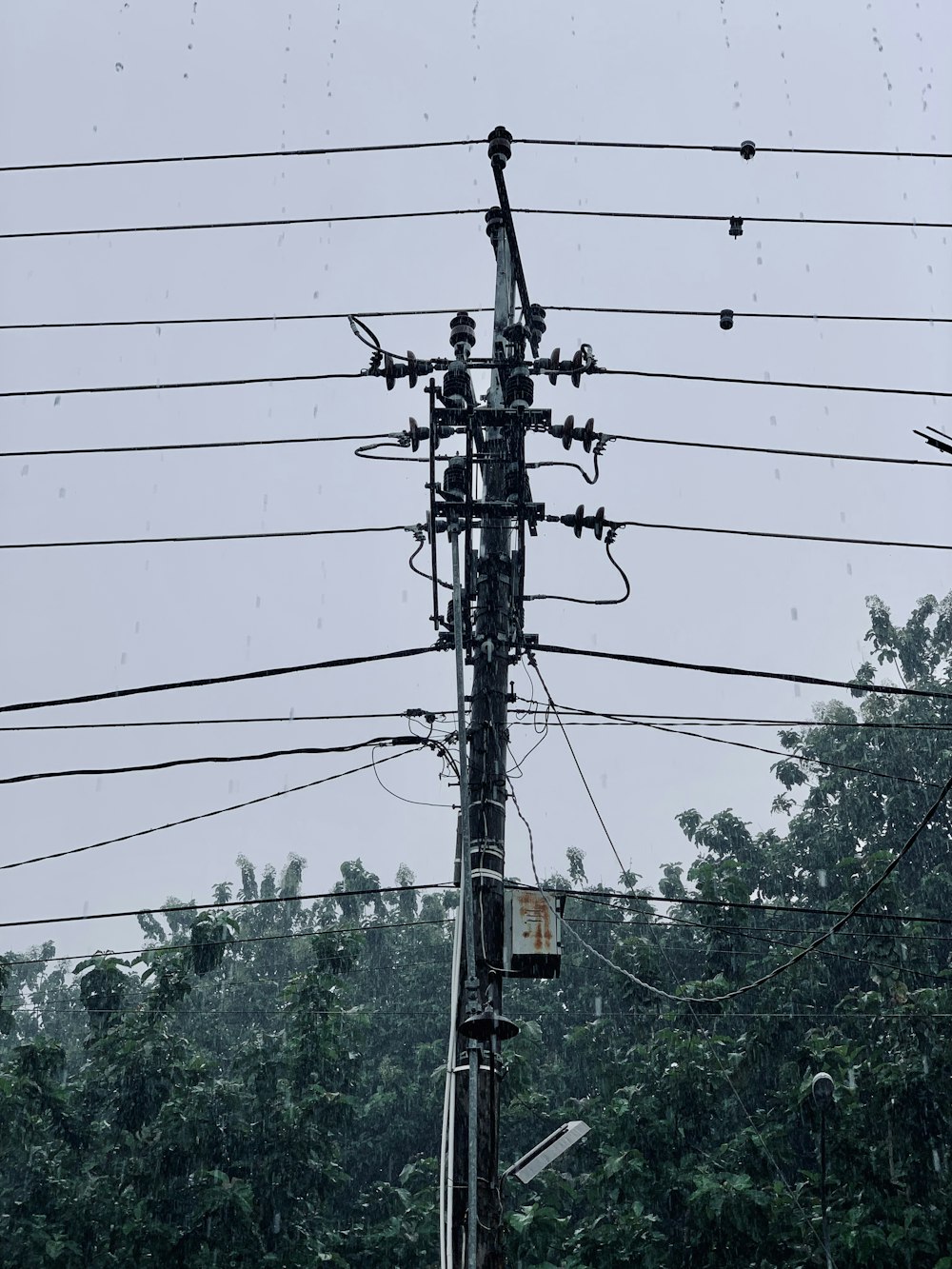 a telephone pole with lots of wires above it