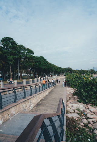 A long PRFV walkway winding through a natural park setting.