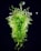 Elaborate sculpture composed of twisted and curled green glass, featuring an intricate design reminiscent of organic, plant-like forms against a dark background. Light glistens off the translucent surface, creating a vibrant display of curves and tendrils.